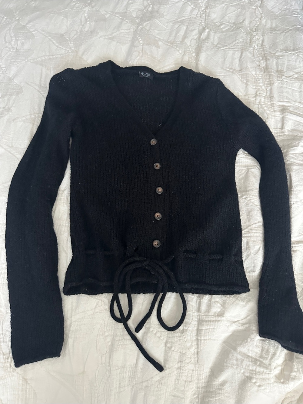Brandy Melville Black Button-Up Knit Cardigan with Waist Tie